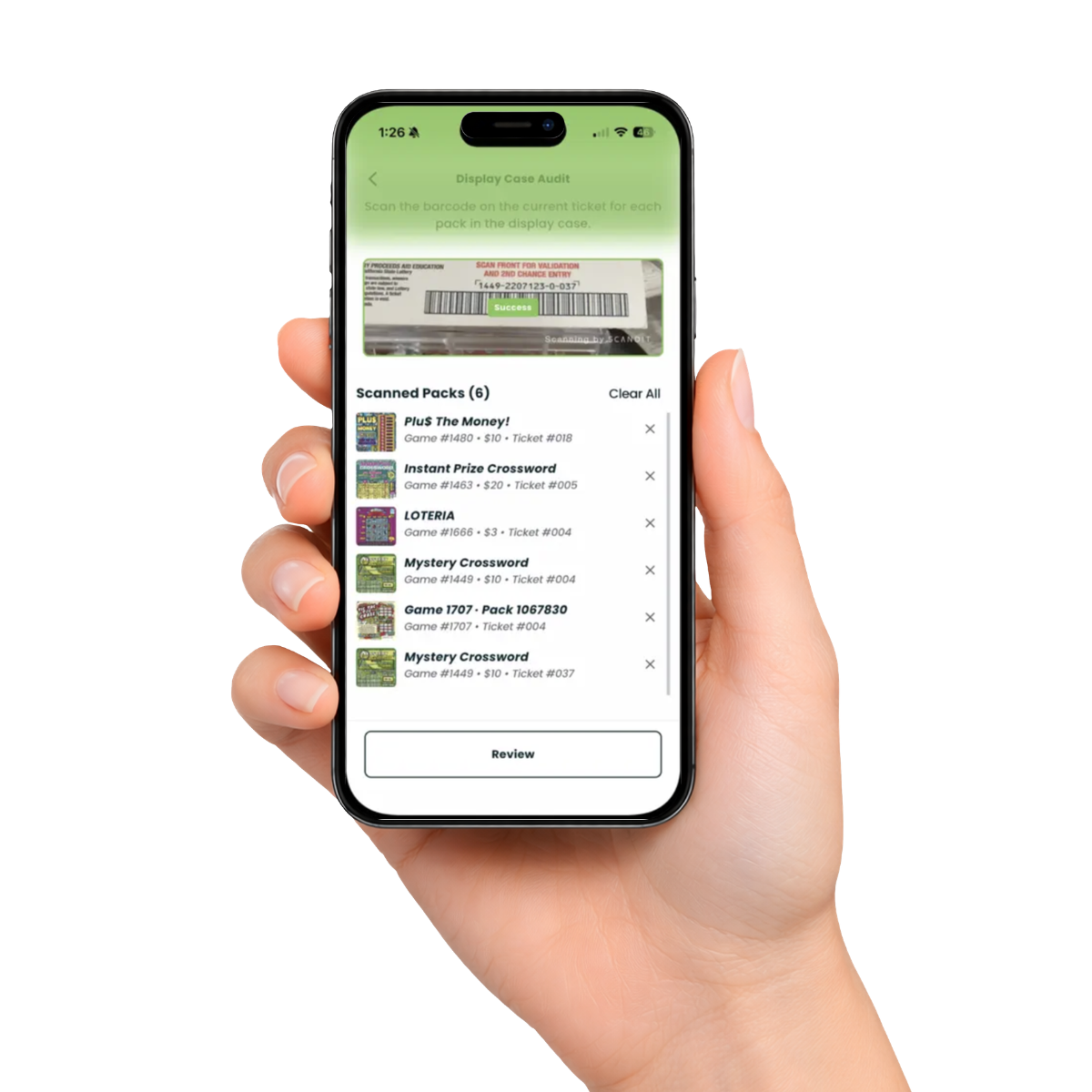 Hand holding a phone running the Lotty app
